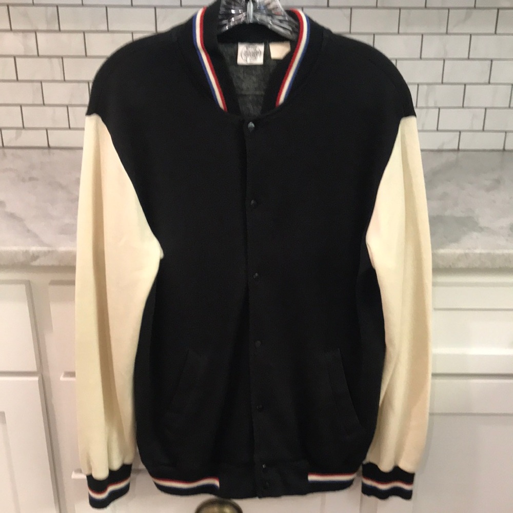 Vintage Bruce Jenner Track‎ Jacket Mens Large Black Cream Varsity Sport Coat
